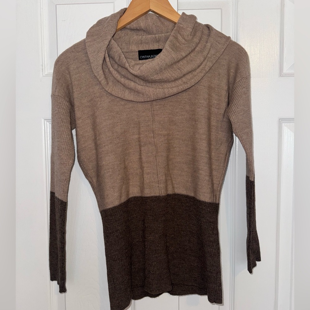 Cynthia Rowley Merino Wool Colorblock Cowl Neck Sweater Petite PM Neutral Luxury